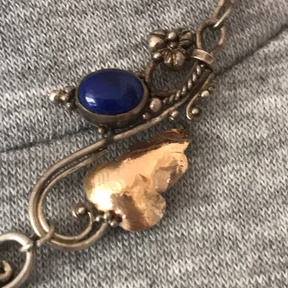 Antique Art Nouveau Sterling Silver and Gold-tone Lapis Necklace - Picture 5 of 10